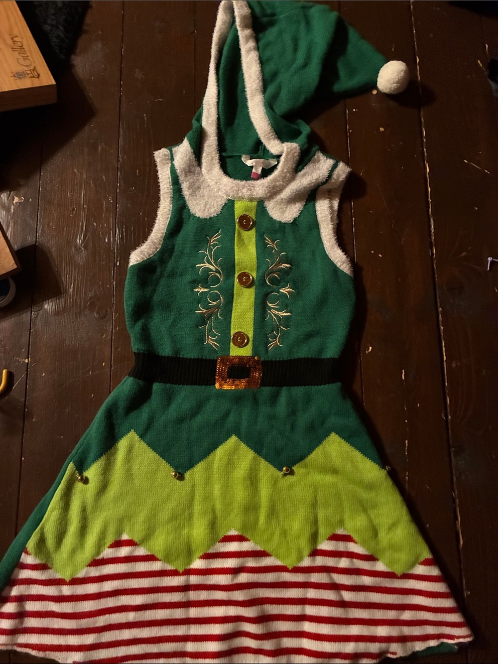 Festive Green Elf Dress Costume with Hood - Unbranded